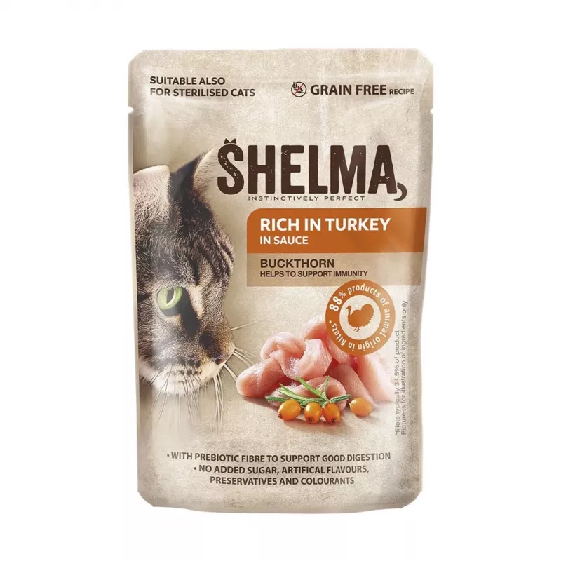 Alimento húmido para gatos SHELMA multipack 4×85 g – alimento completo para gatos adultos, frango, peru, vaca, pato, sem cereais