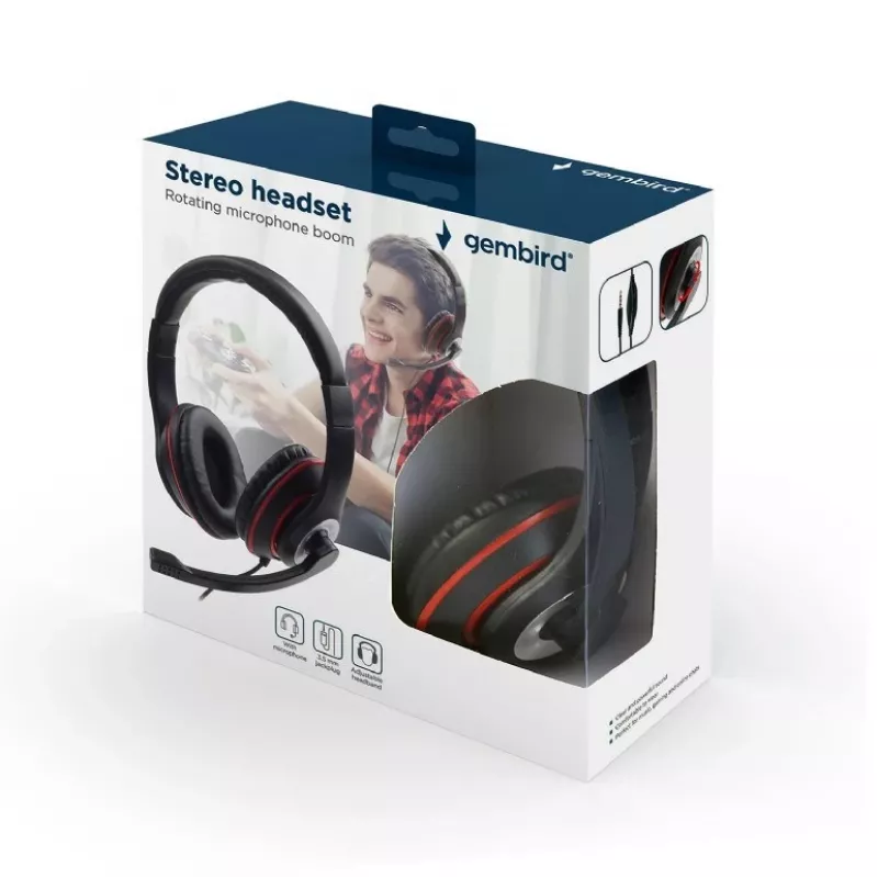 Headset gaming com fios GEMBIRD MHS-03-BKRD — binaural, circum-aural, 3,5 mm, cabo de 1,8 m, vermelho/preto