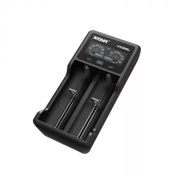 Carregador de pilhas XTAR VC2SL — USB 5V 1A, LCD, carrega 2 células, compatível com Li-Ion/NiMH/NiCd, tamanhos A/AA/AAA/AAAA/C/D/SC, preto