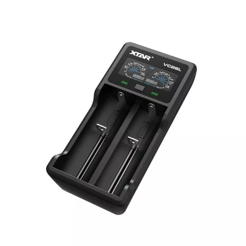 Carregador de pilhas XTAR VC2SL — USB 5V 1A, LCD, carrega 2 células, compatível com Li-Ion/NiMH/NiCd, tamanhos A/AA/AAA/AAAA/C/D/SC, preto