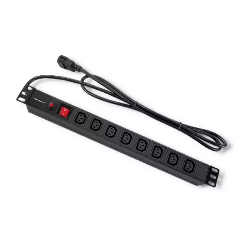 Qoltec 53998 Régua de tomadas para RACK 19 | 1U | 10A | PDU | 8xIEC C13 | 2m