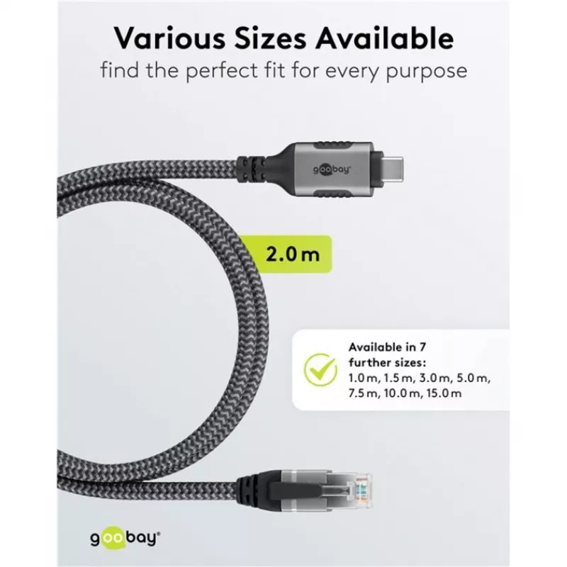 Cabo Ethernet USB-C 3.2 Gen2 macho > RJ-45 macho, adaptador LAN preto/prateado, 2 metros, revestimento têxtil entrançado