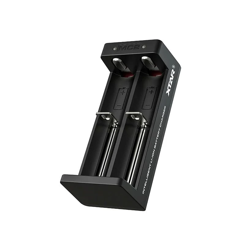 Carregador de baterias Li-Ion XTAR de dois slots para células 18650, entrada USB-C, 2 slots, preto, indicadores LED