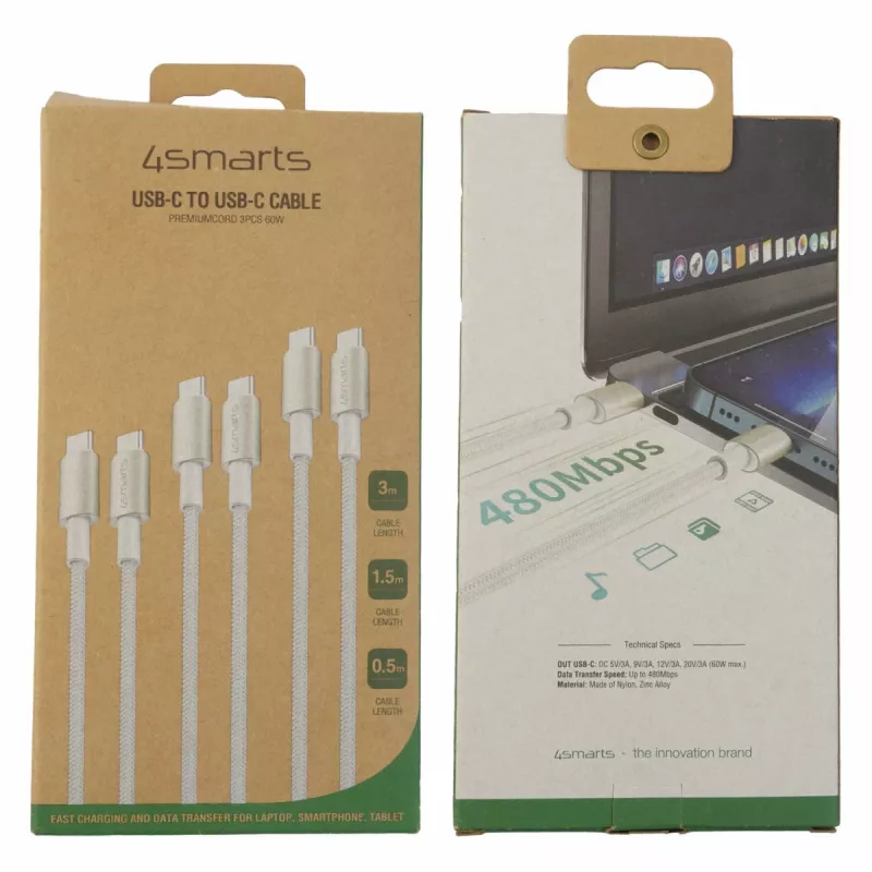 4smarts cabo USB-C para PremiumCord 60W conjunto de 3 0,5m+1,5m+3m branco - prateado, branco - conjunto de 3 (540621)