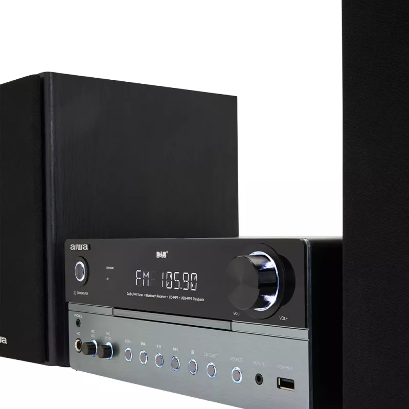 Micro-sistema de áudio doméstico Aiwa MSBTU-700DAB — 25 W RMS, DAB+/FM, Bluetooth 10 m, gaveta para CD, visor LED, preto/azul ártico