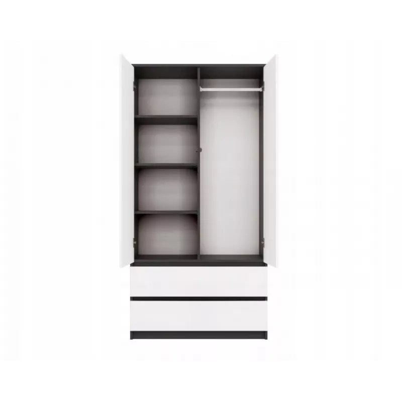 Guarda-roupa top e shop MALWA SS-90, 90×180×50 cm, estrutura antracite, portas de batente brancas, 2 gavetas, laminado 16 mm
