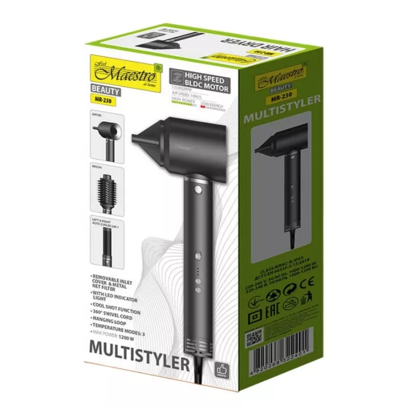 Multistyler 3in1 conjunto de cuidados de cabelo Maestro MR-230 — secador de cabelo, escova secadora e modelador de caracóis automático, 1200 W, motor BLDC, caracóis de 3,5 cm, 2 níveis de temperatura, preto