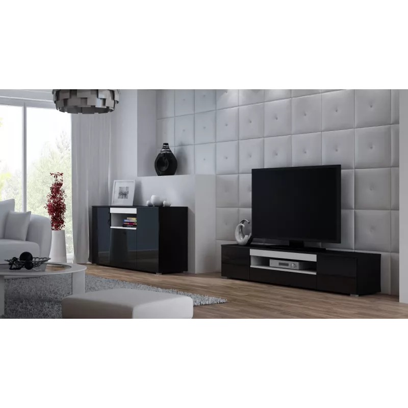 Cama Meble VIVA 180 móvel de TV, preto/preto brilhante + branco