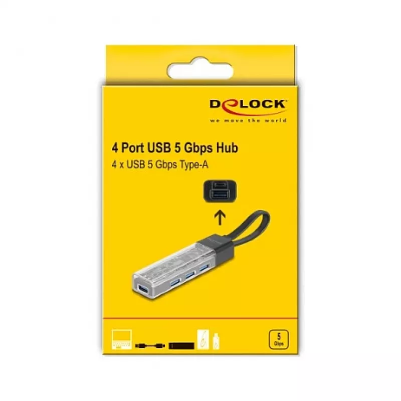 Hub USB 3.2 Gen 1 (3.1 Gen 1) DELOCK 4 portas com host Type-A + Type-C (5000 Mbit/s) preto/transparente