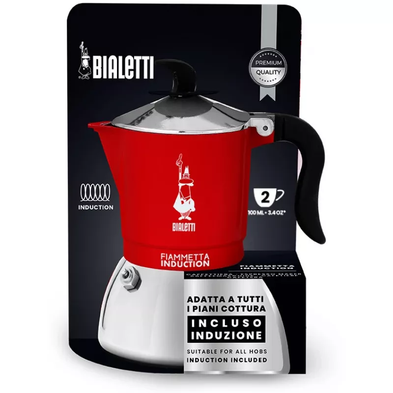 Cafeteira de fogão BIALETTI FIAMMETTA 2TZ indução vermelho, cafeteira moka de fogão para 2 chávenas