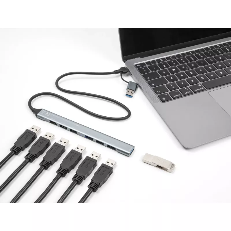 Delock 64273 hub USB fino de 7 portas, USB Type-C ou Type-A para 1x USB 5 Gbps Type-A + 6x USB 2.0 Type-A