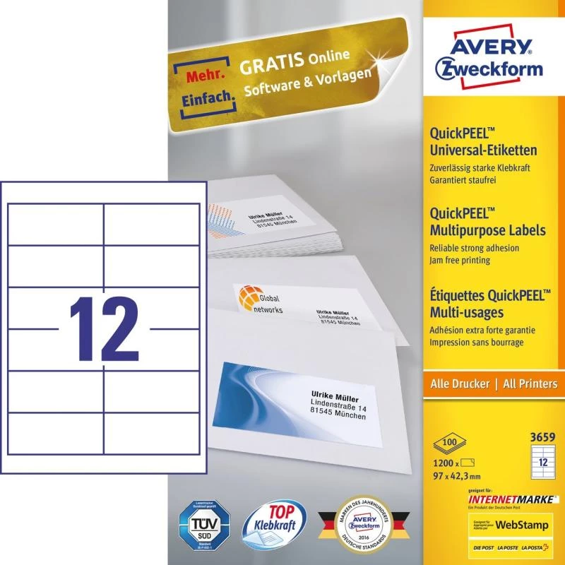 Avery 3659 etiquetas autoadesivas retangulares permanente branco 1200 peças