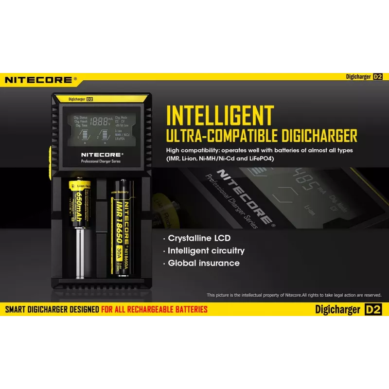 Carregador de pilhas Nitecore D2 — carregador de 2 compartimentos para pilhas AA/AAA/AAAA/C, tensão de entrada 100–240V, tensão de saída 4,2V, preto