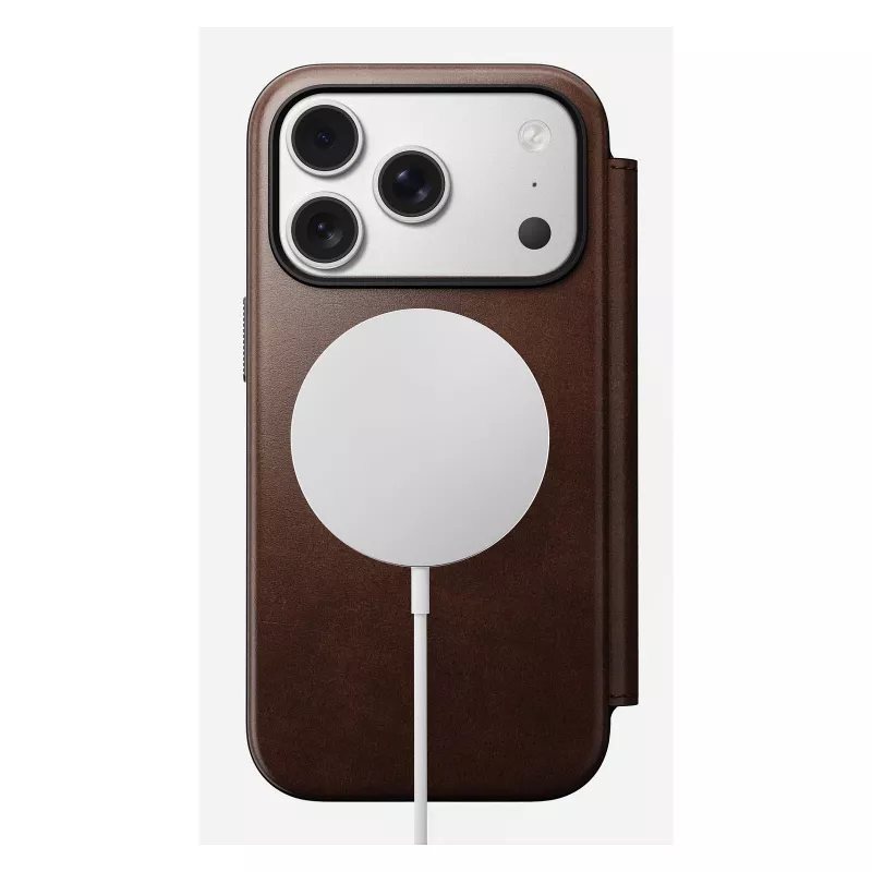 Capa para telemóvel Nomad Modern Leather Folio para iPhone 17 Pro, pele/alumínio, 16 cm (6,3 polegadas) castanha, 4 compartimentos para cartões