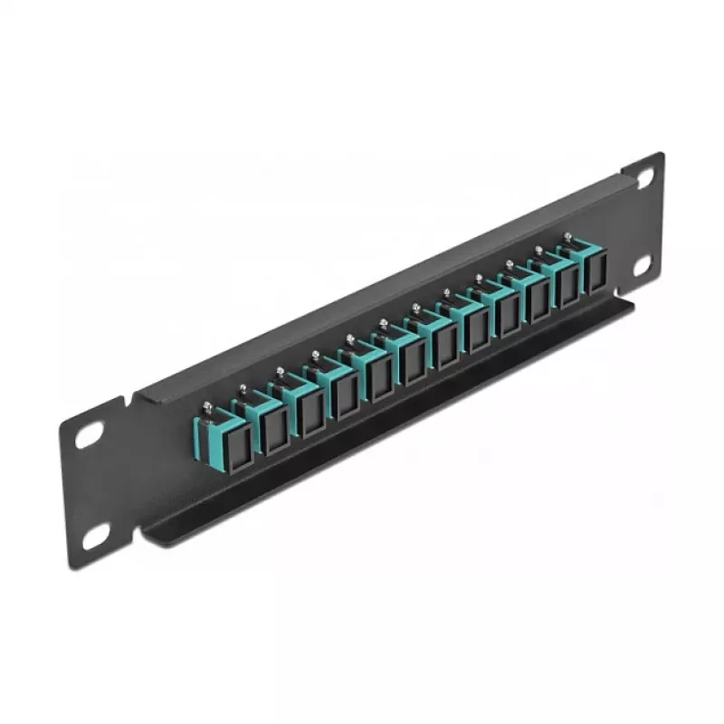 Patch panel de fibra ótica DeLOCK 10 polegadas 12 portas SC simplex aqua 1U preto