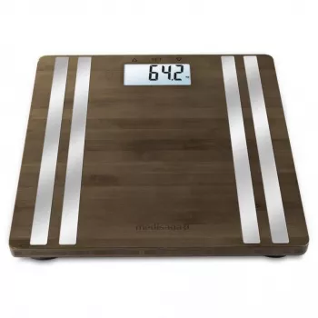 Balança de pessoa eletrónica Medisana BS 552 — cor prateada com superfície de bambu, máx. 180 kg, precisão de 100 g, Bluetooth, IMC, composição corporal
