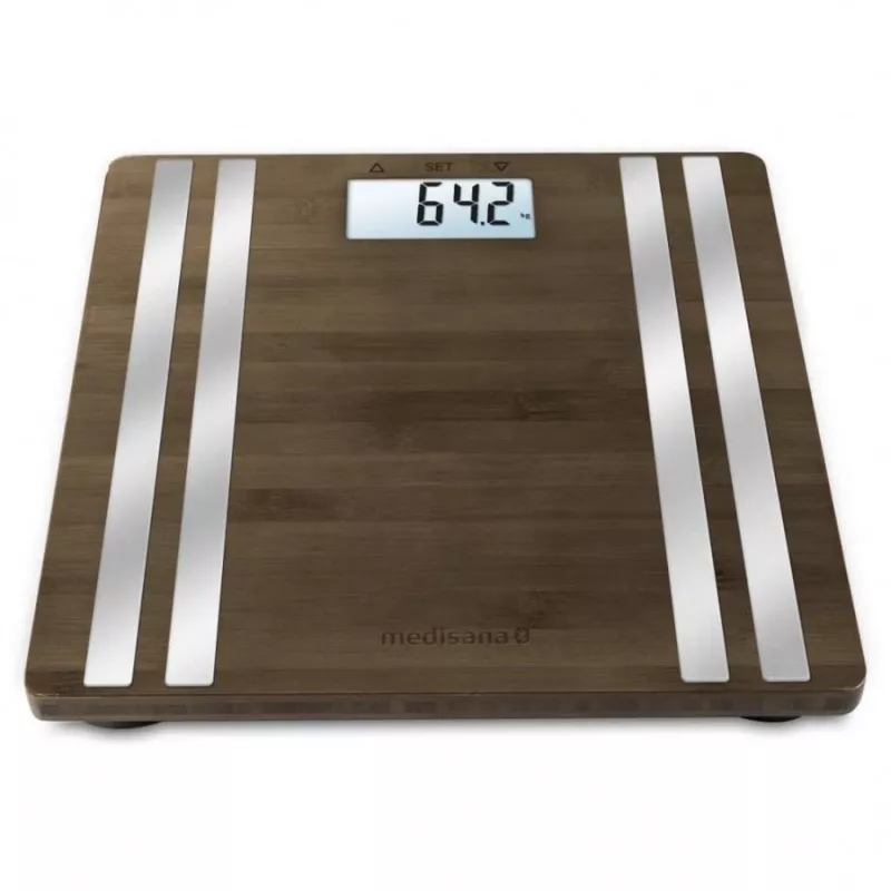 Balança de pessoa eletrónica Medisana BS 552 — cor prateada com superfície de bambu, máx. 180 kg, precisão de 100 g, Bluetooth, IMC, composição corporal