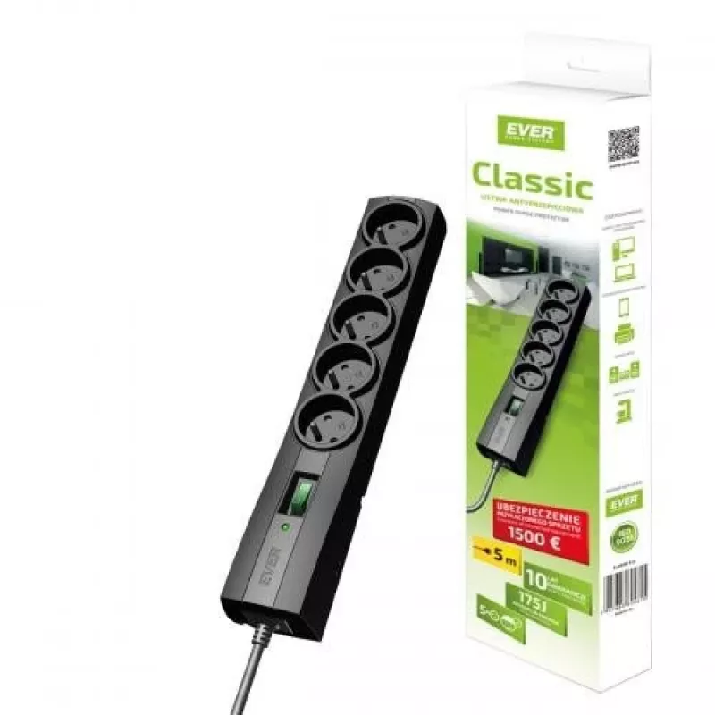 EVER Classic T/LZ09-CLA030/0000 protetor contra sobretensões, 5 tomadas, 3 m, 250 V, proteção para crianças, LED, preto