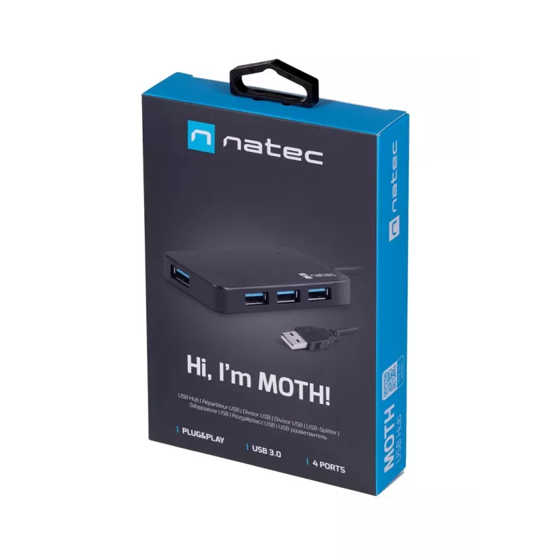 Hub USB NATEC Moth 4 portas USB 3.2 Gen 1 Type-A (5000 Mbit/s), alimentado por USB, preto, cabo de 0,15 m