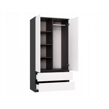 Guarda-roupa top e shop MALWA SS-90, 90×180×50 cm, estrutura antracite, portas de batente brancas, 2 gavetas, laminado 16 mm