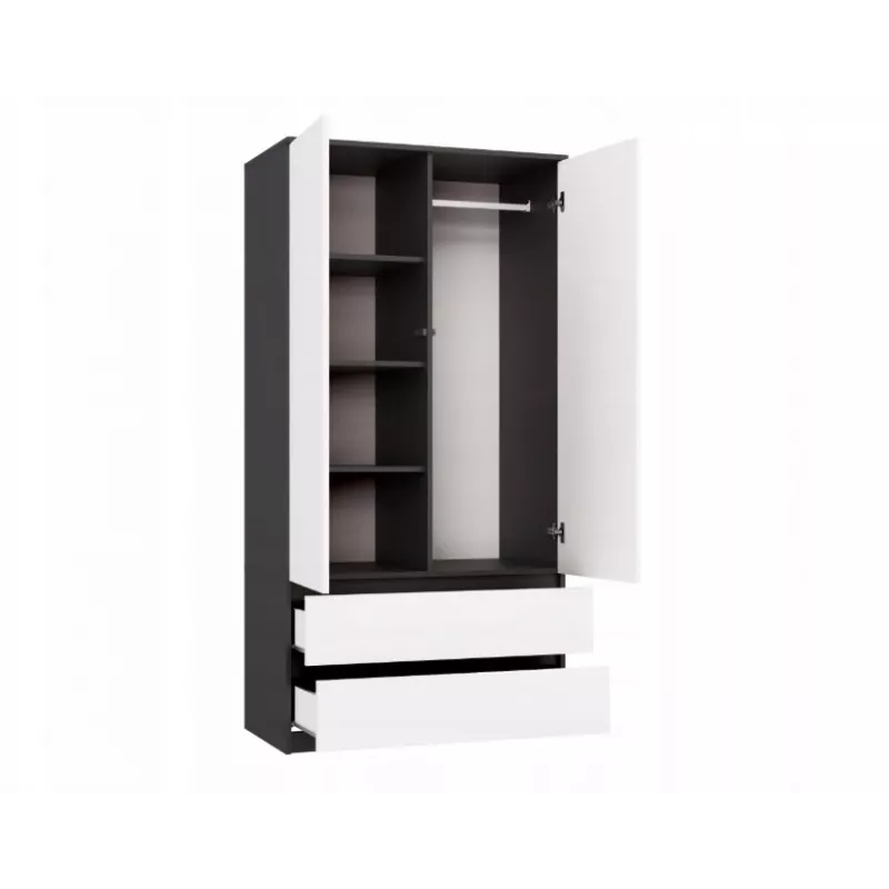 Guarda-roupa top e shop MALWA SS-90, 90×180×50 cm, estrutura antracite, portas de batente brancas, 2 gavetas, laminado 16 mm