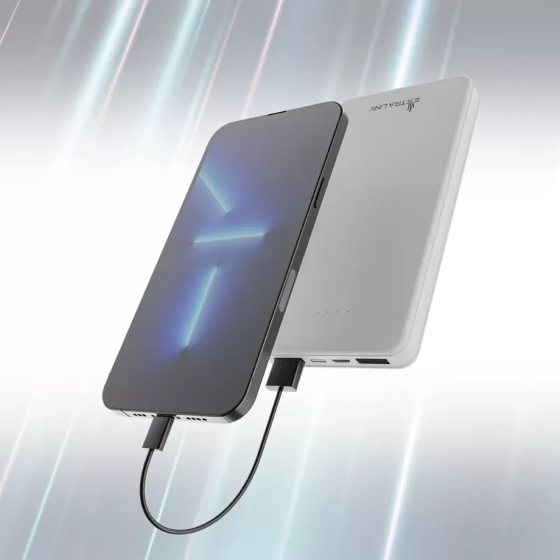 Powerbank Extralink EPB-078W 10000 mAh branco, USB-C, saída 10 W, carrega até 2 dispositivos