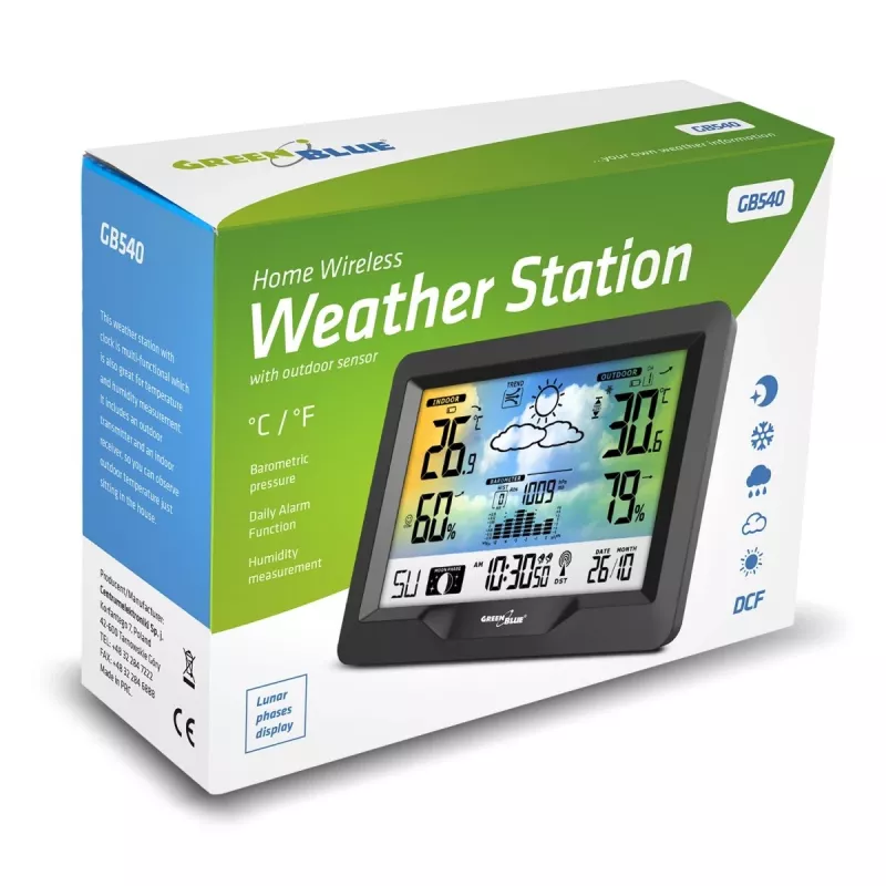 Higrómetro termómetro GreenBlue GB540 — interior 0–50°C / exterior -20–65°C, relógio DCF, sensor exterior 60 m, preto