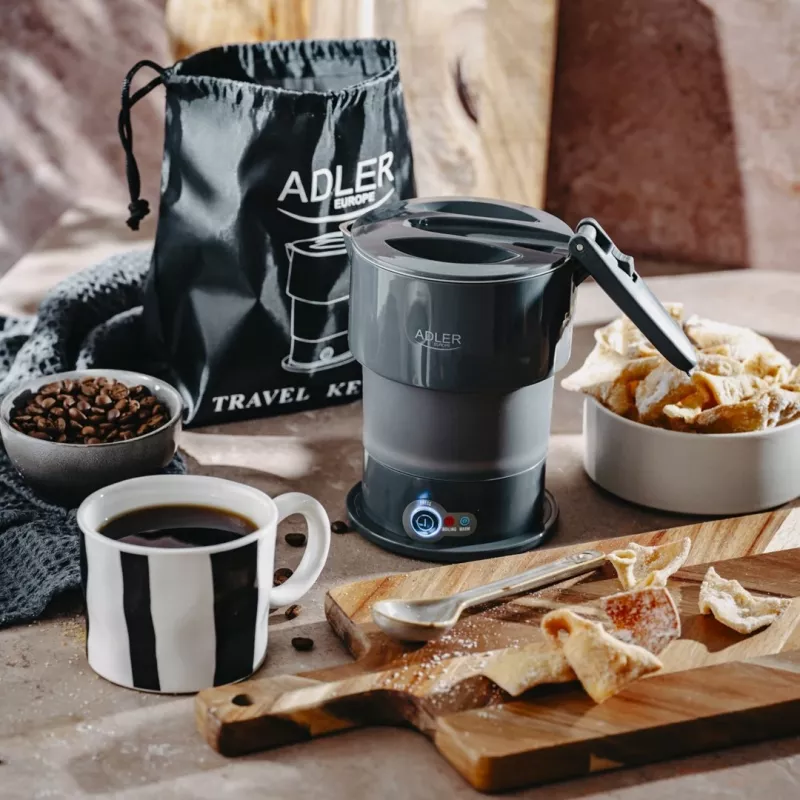 Chaleira elétrica Adler AD 1377G, capacidade 0,6 L, 600 W, cinzento, plástico/silicone/aço inoxidável