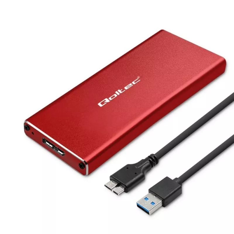 Caixa para SSD QOLTEC 51831 USB 3.0 para unidades M.2 SATA até 2 TB, vermelha, suporta 30 mm de comprimento, até 4 unidades
