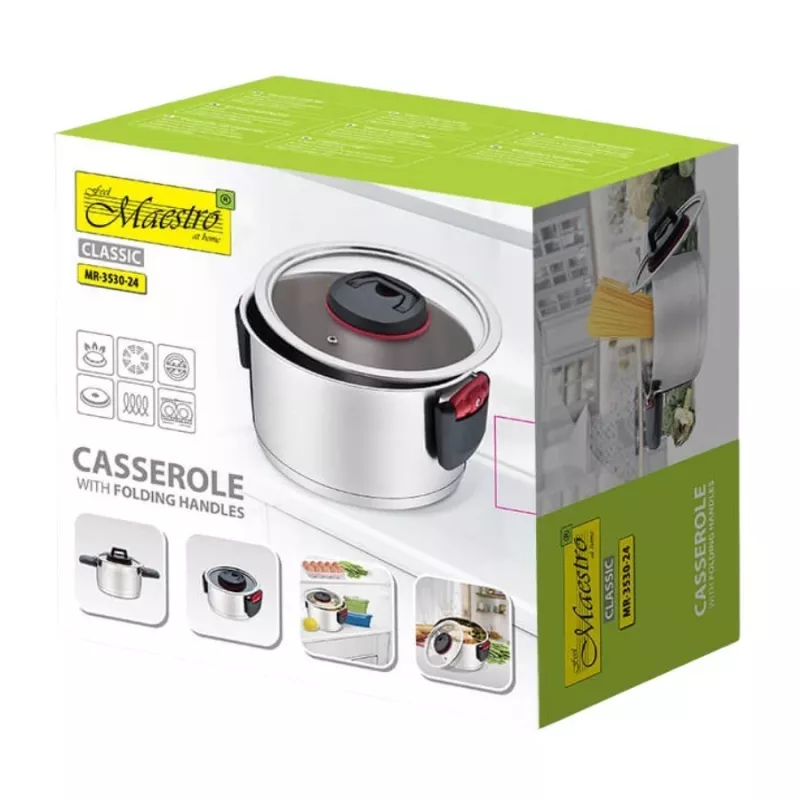 Panela Maestro MR-3530-24 aço inoxidável 24 cm, 5,5 L, pegas rebatíveis, tampa de vidro