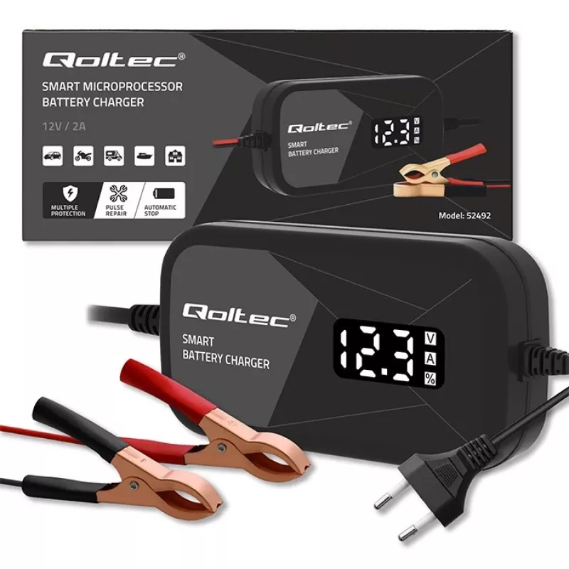 Carregador de baterias QOLTEC 52492 12V 2A com controlo por microprocessador e regeneração de células