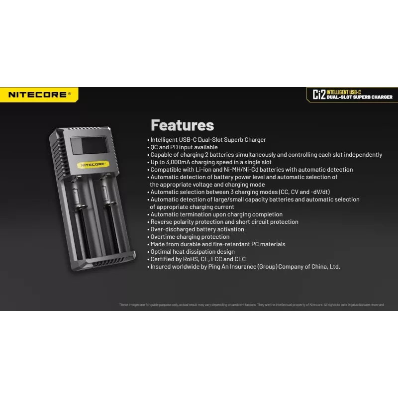 Carregador de baterias Nitecore Ci12 carregador USB universal para Li‑Ion, NiCd, NiMH, entrada 3A 5/9/12V, caixa de plástico
