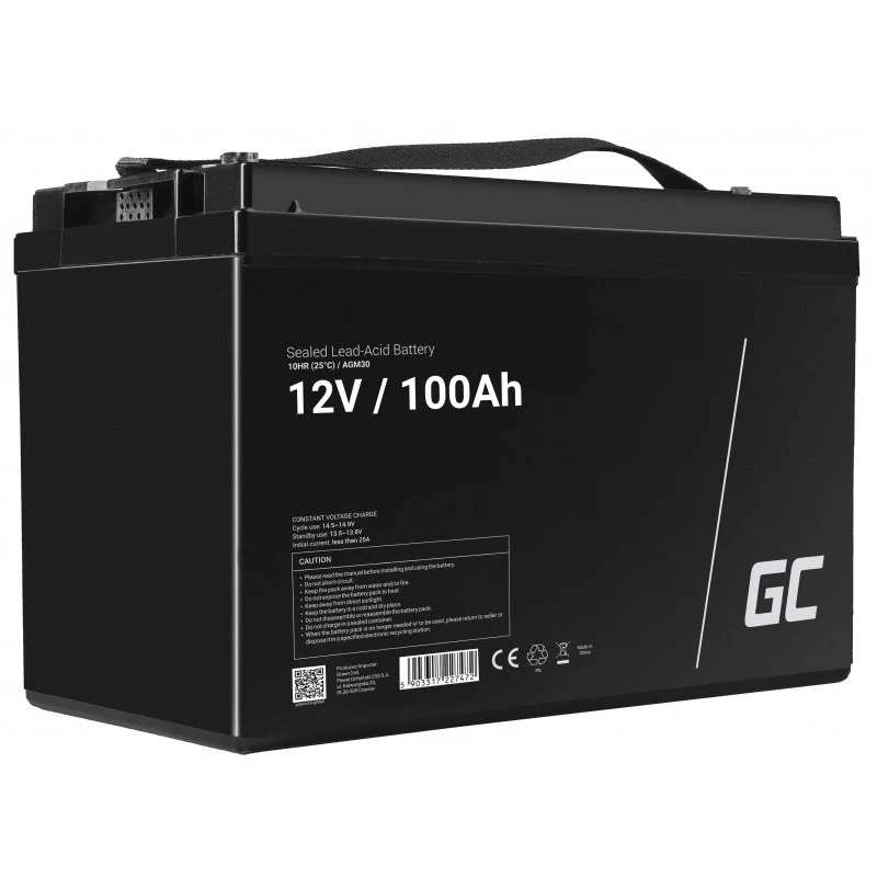 Bateria de automóvel/marítima e de lazer Green Cell AGM30 12 V 100 Ah chumbo-ácido selada (VRLA), sem manutenção, 171×214×330 mm