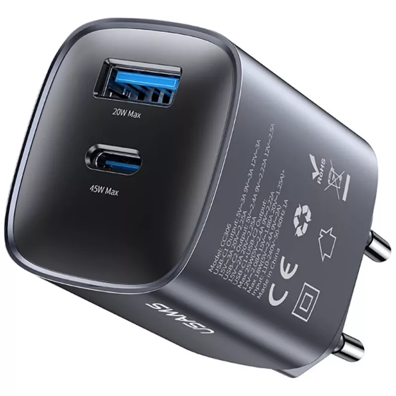 Carregador T66 45W CC290 GaN carregamento rápido prateado