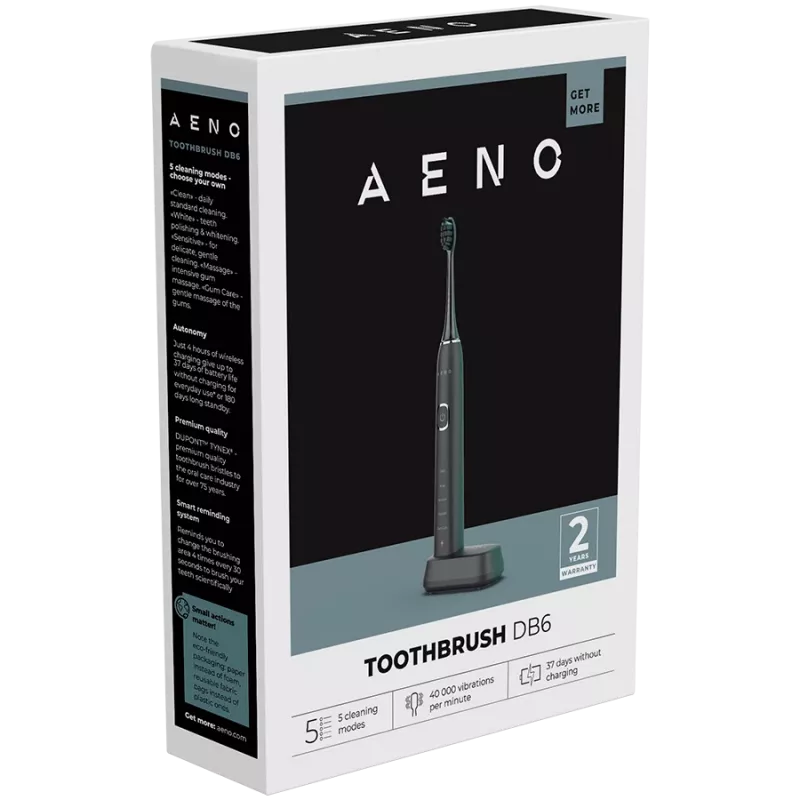 Escova de dentes elétrica sónica AENO Sonic DB6: preto, 5 modos, carregamento sem fios, 46000 rpm, 40 dias sem carregar, IPX7