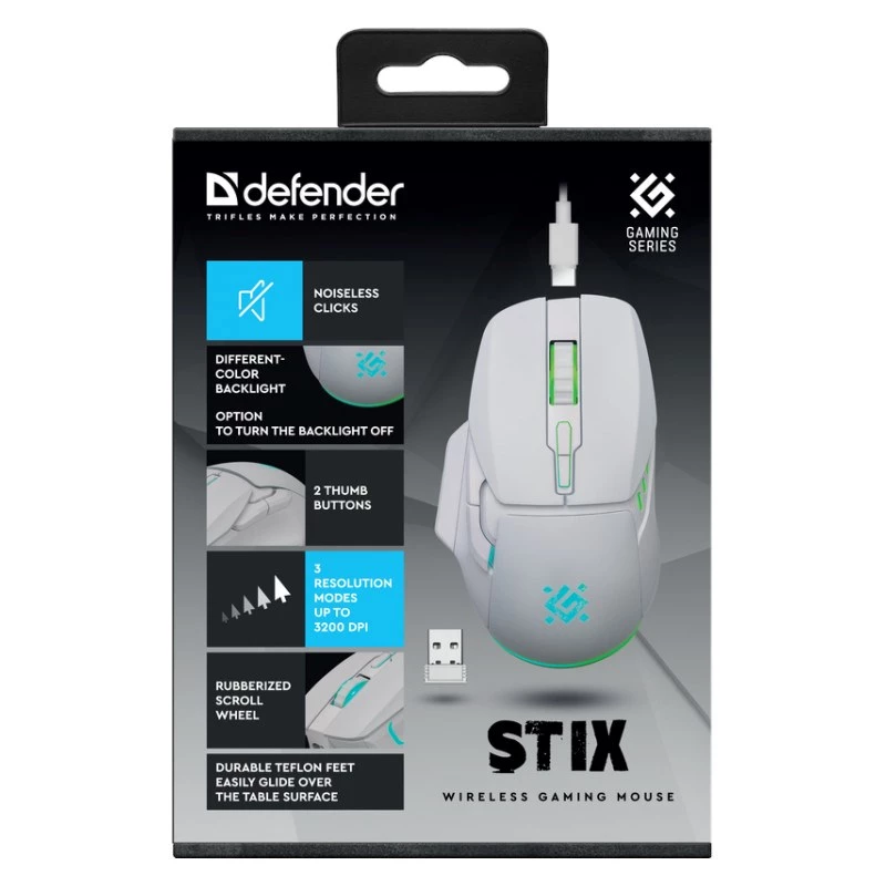 Rato sem fios DEFENDER Stix GM-009 RF — ótico 3200 DPI, 6 botões, ambidestro, USB RF, a pilhas, branco
