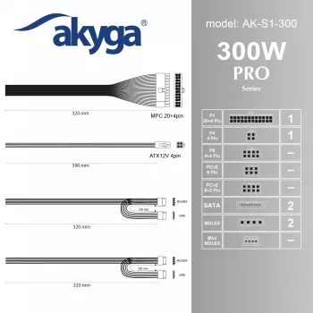Fonte de alimentação SFX Akyga AK-S1-300 300 W, PFC passivo, ventoinha de 80 mm, preto
