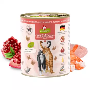 Comida húmida para gatos Fox4Pets GRANATAPET DeliCATessen Peru e Camarão, sem cereais, 800 g, alimento completo para gatos adultos