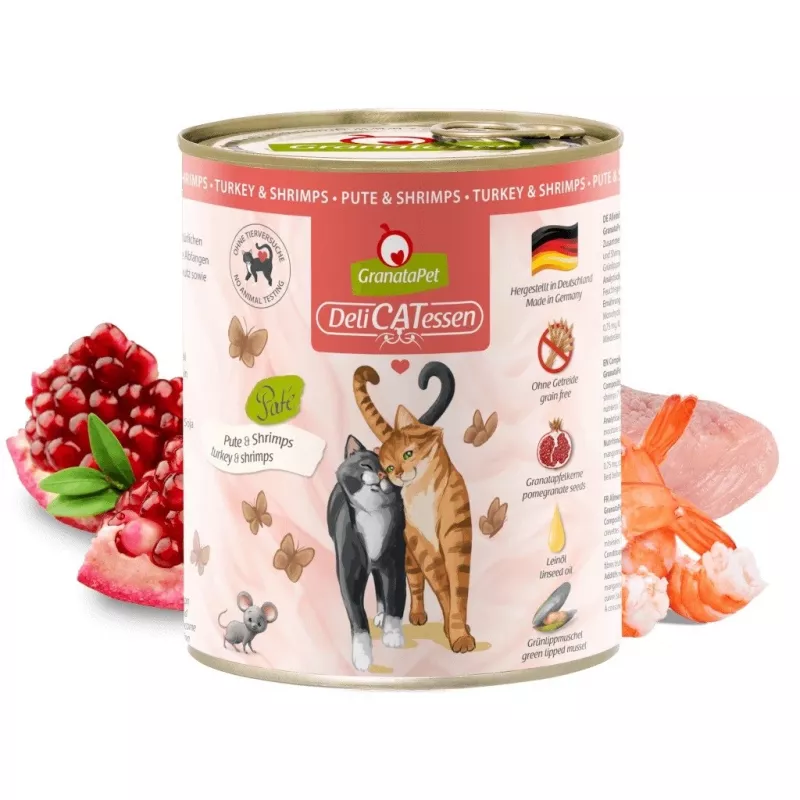 Comida húmida para gatos Fox4Pets GRANATAPET DeliCATessen Peru e Camarão, sem cereais, 800 g, alimento completo para gatos adultos