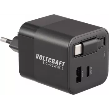 Carregador USB VOLTCRAFT UC-45W002 45 W 1x USB-A, 2x USB-C® USB PD preto interior GaN, USB Power Delivery (USB-PD), carregador rápido (VC-17330925)