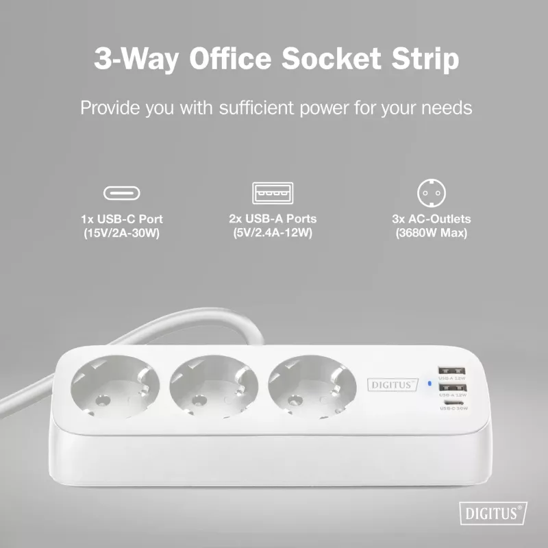 Extensão elétrica DIGITUS 3 tomadas com 2×USB-A e 1×USB-C, 3 tomadas AC tipo E/F, cabo de 1,5 m, branco