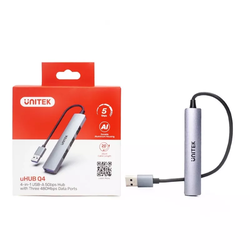 Unitek H1208A hub USB-A, 4 portas (1x USB-A 5 Gbps, 3x USB-A 2.0), alumínio, prateado