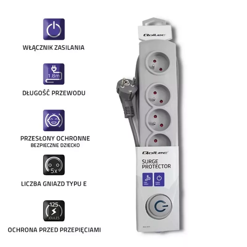 Proteção contra sobretensões Qoltec 50270 cinzento 5 tomadas AC 230V
