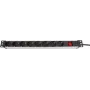 Dexlan GNS2308L régua de tomadas de 19", 8 tomadas, interruptor, cabo de 2,5 m, preta / prateada