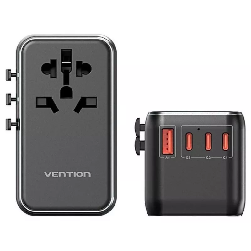 Carregador Vention FJGB0 100W GaN com 3× USB-C e 1× USB-A, preto