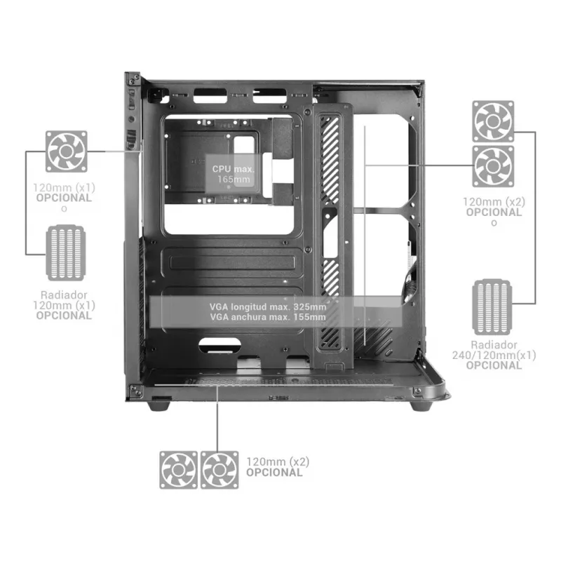 Caixa de PC Midi Tower TACENS Mars Gaming MC-INFINIOLITE, preta, vidro temperado, compatível com ATX/Micro-ATX/Mini-ITX, ventoinha de 120 mm