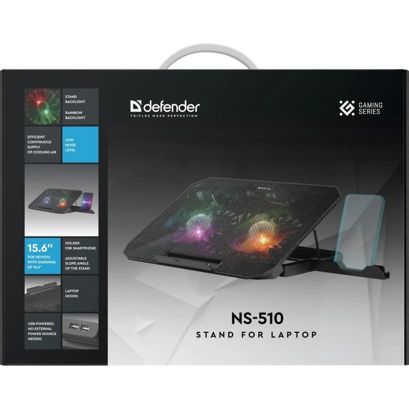 Base de arrefecimento para portátil DEFENDER NS-510 com 2 ventoinhas, 2 portas USB e iluminação RGB