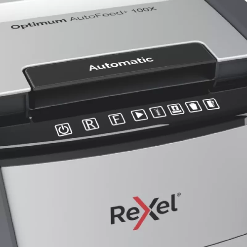 Rexel Optimum AutoFeed+ 100X trituradora de papel, corte em partículas P-4 4x28 mm, 100 folhas, cesto de 34 L