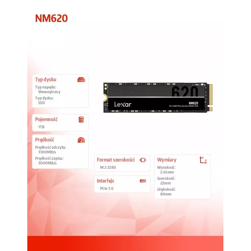 Unidade SSD Lexar NM620 1 TB NVMe M.2 2280, 3300/3000 MB/s
