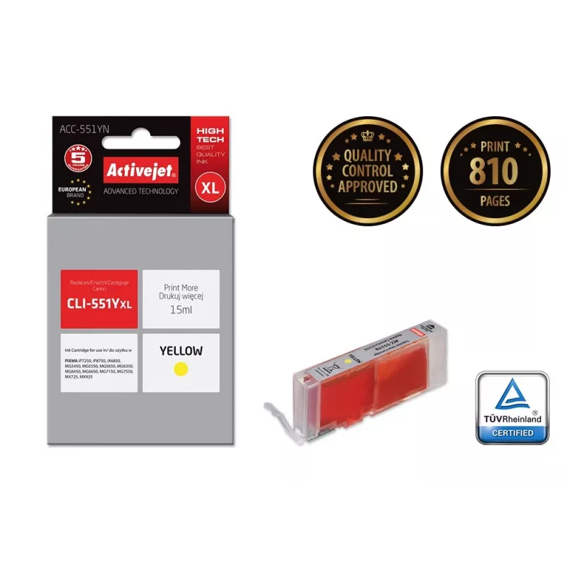 Tinteiro compatível ActiveJet ACC-551YN amarelo, elevado rendimento (XL) 15 ml, para Canon CLI-551Y